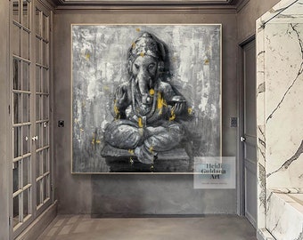 Ganesha painting on canvas original acrylic painting, extra large abstract art, hand-painted Ganesh wall art, Statue of Hindu Ganesha  H687