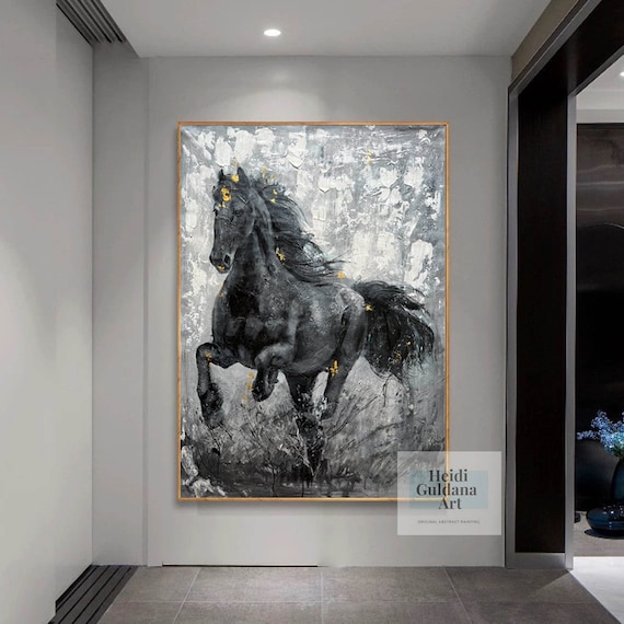 Original Black and White Horse Oil Painting, Abstract Horse Canvas