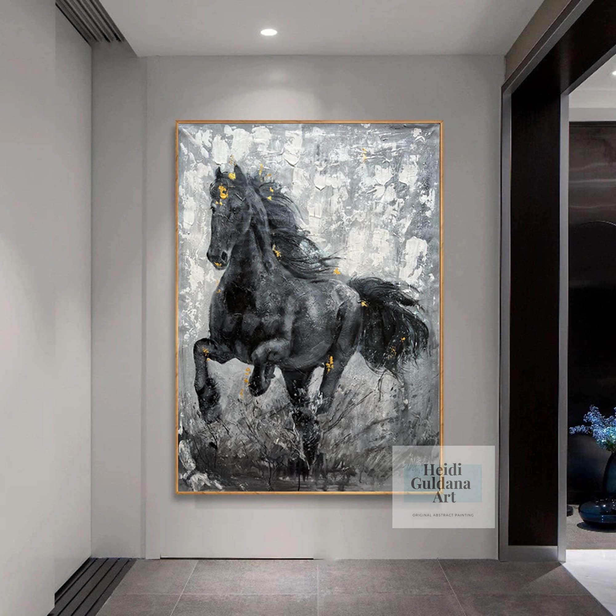 Original Black and White Horse Oil Painting, Abstract Horse Canvas