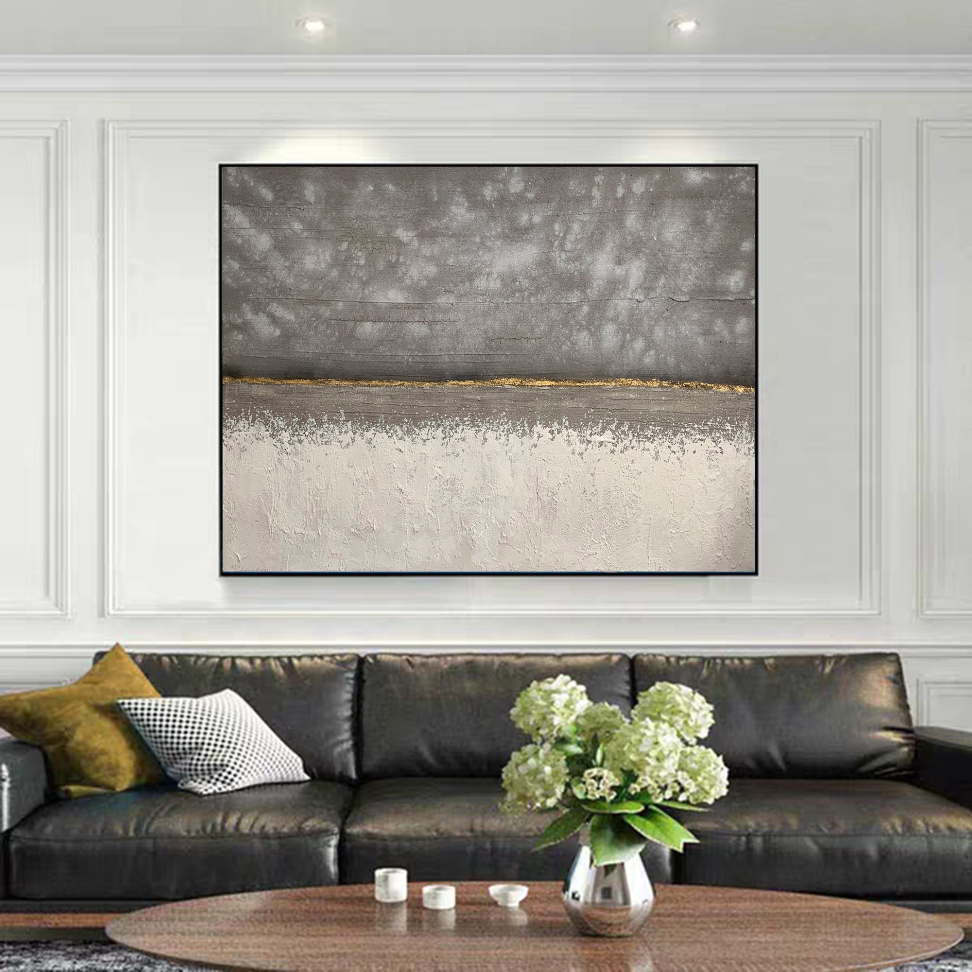Quadro Astratto Strutturato Dipinto A Mano – Tela Moderna Blu Scuro E Argento, 120x60 Cm, Incorniciato E Pronto Da Appendere