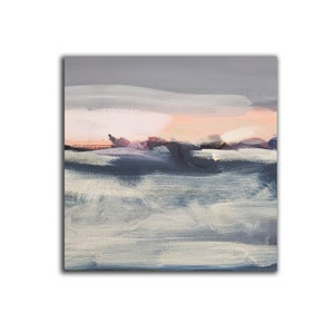 May include: Abstract painting with a soft pink and white sky over a blue and gray landscape. The painting has a textured, brushstroke effect.