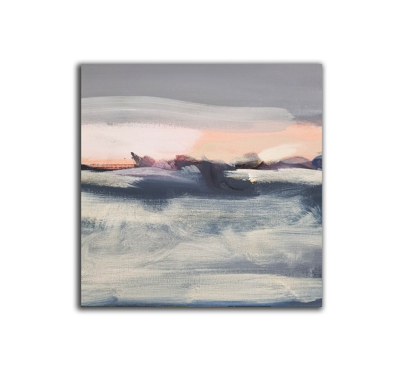 May include: Abstract painting with a soft pink and white sky over a blue and gray landscape. The painting has a textured, brushstroke effect.