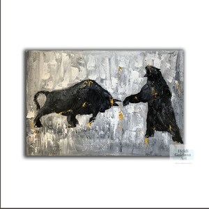 May include: Abstract painting of a black bull and bear facing each other on a white and gray background with gold accents. The painting is titled "Heidi Guidana Art".