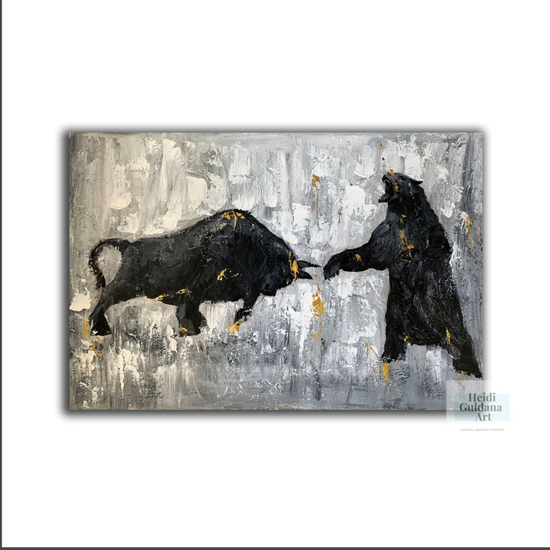 May include: Abstract painting of a black bull and bear facing each other on a white and gray background with gold accents. The painting is titled "Heidi Guidana Art".