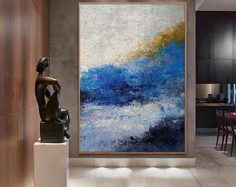 Original Abstract Landscape Painting – Blue White Textured Canvas Art H31