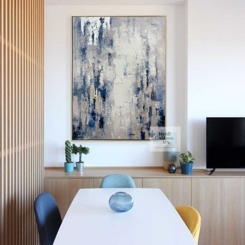 silver painting on canvas, original wall art, blue painting, modern abstract canvas art, rich textured art, contemporary painting H734 image 2