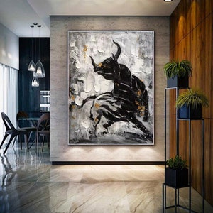 large bull painting, large bull wall art on canvas, original ox painting on canvas, black and white bull painting, animal painting H644
