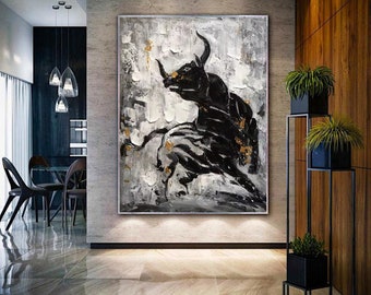 large bull painting, original ox painting on canvas, abstract canvas art, oversized wall art, black painting, bull wall art on canvas H644