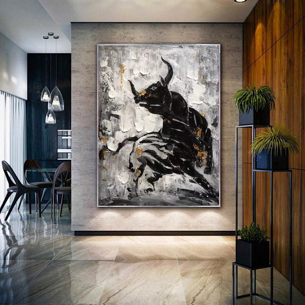 large bull painting, original ox painting on canvas, abstract canvas art, oversized wall art, black painting, bull wall art on canvas H644