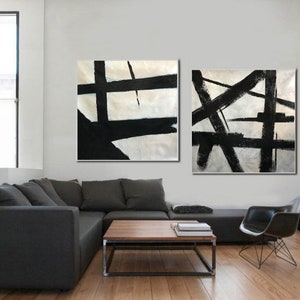 set of 2 original abstract painting,black and white canvas painting,black and white wall art,oversized black and white canvas art H83