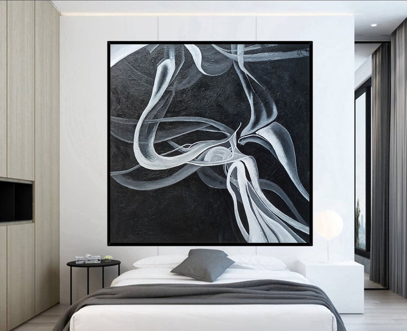 Large Abstract Wall Art Black Painting on Canvas Modern Etsy