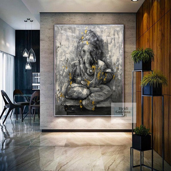 Ganesha painting on canvas, extra large abstract art, original abstract painting, hand-painted Ganesh wall art, Statue of Hindu Ganesha H759