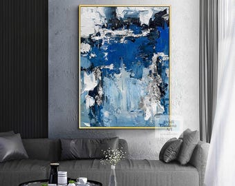 ダークブルーの絵画 オリジナル油絵 大きなブルーの壁アート ブルーの