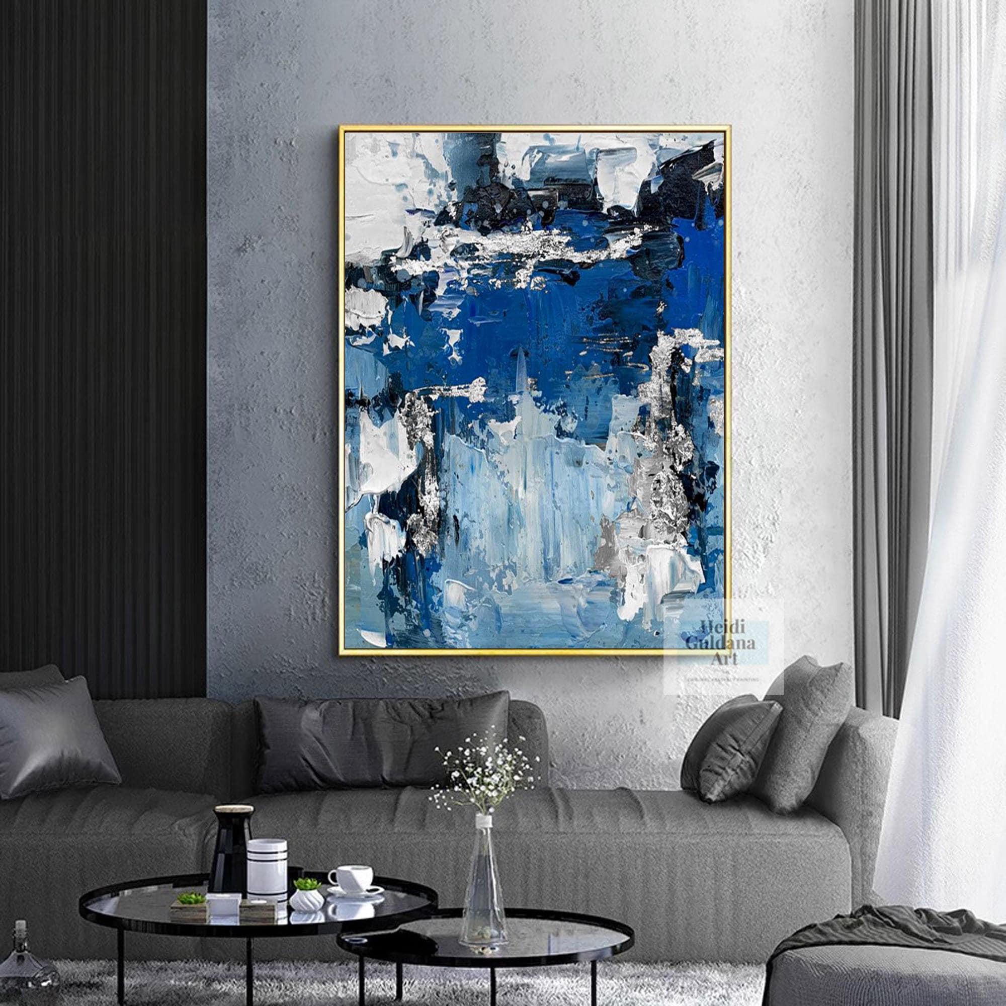 Dark Blue Painting Original Oil Painting Large Blue Wall Art Blue