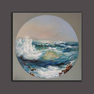 May include: A painting of a seascape with a large wave crashing in the foreground. The water is a deep blue and green, and the sky is a soft pink and blue. There are a few birds flying in the sky.