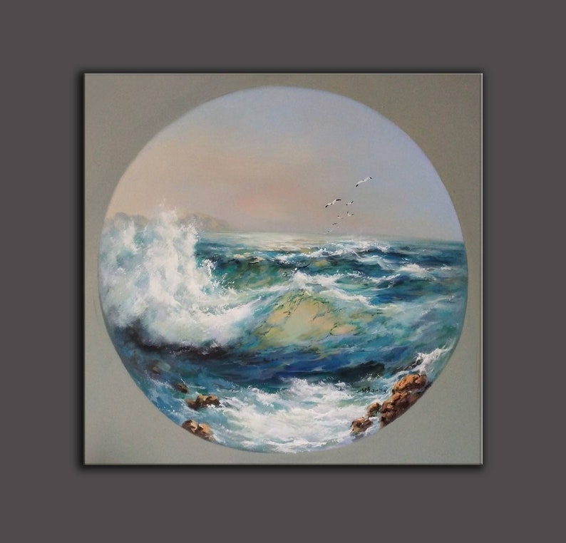 May include: A painting of a seascape with a large wave crashing in the foreground. The water is a deep blue and green, and the sky is a soft pink and blue. There are a few birds flying in the sky.