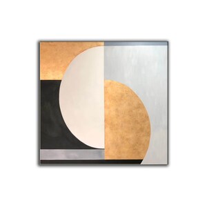 May include: Abstract geometric painting with a large white circle, a black rectangle, and gold and gray shapes.