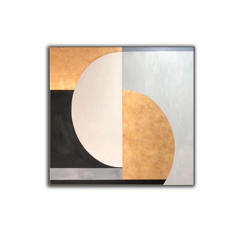 May include: Abstract geometric painting with a large white circle, a black rectangle, and gold and gray shapes.