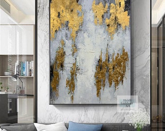 オリジナルの油絵抽象画、キャンバスに描かれた金彩画、大きな