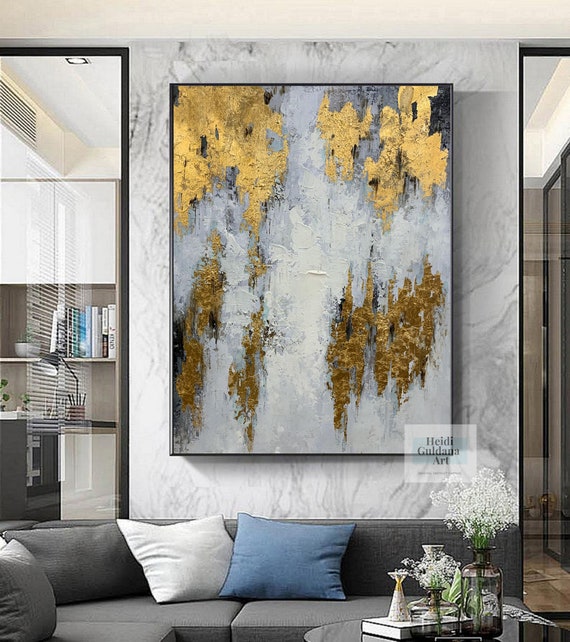 オリジナルの油絵抽象画、キャンバスに描かれた金彩画、大きな