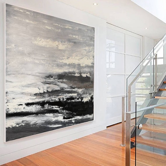 thumbnail image 2 of Large Abstract Canvas Wall Art - Hand Painted White & Black Modern Painting, 29x59 Inch Framed 2 of 14