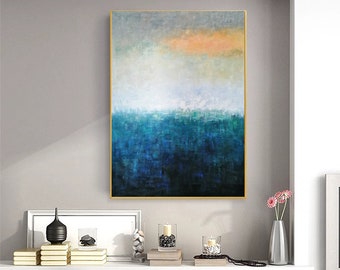 キャンバスに描かれた青い抽象画、特大抽象画、大型キャンバス壁アート