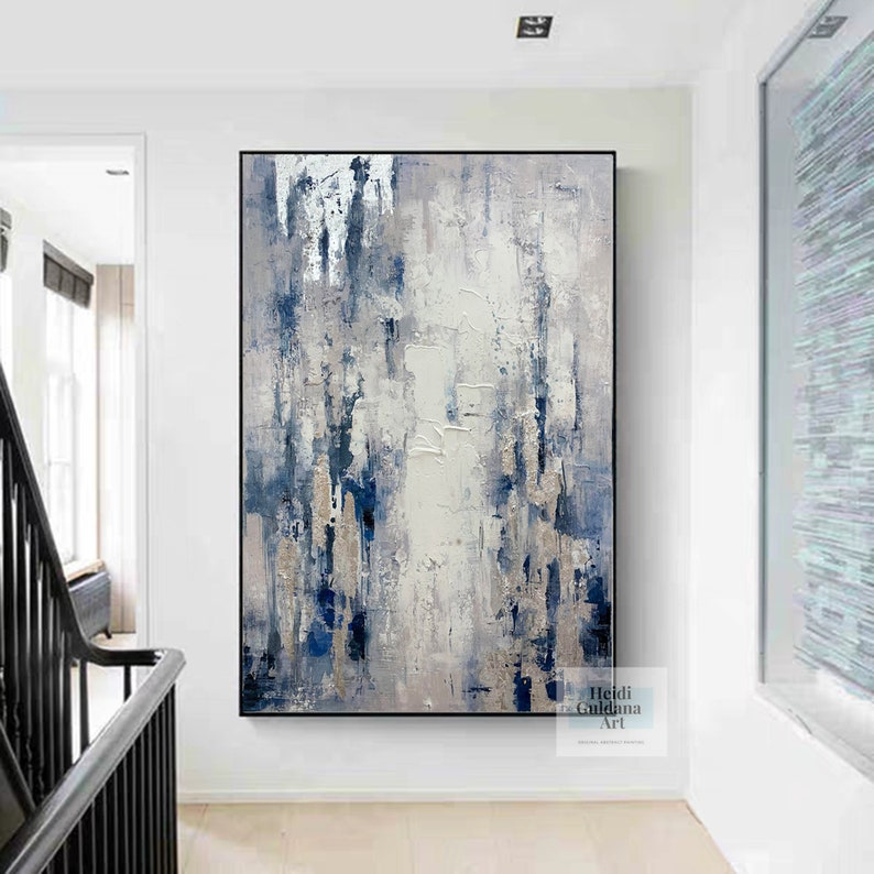 silver painting on canvas, original wall art, blue painting, modern abstract canvas art, rich textured art, contemporary painting H734 image 3