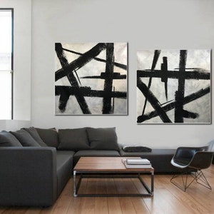 conjunto de 2 grandes pinturaabstractas sobre lienzo, pintura abstracta en blanco y negro, pintura de gran tamaño, obras de arte en blanco y negro, arte de lienzo grande H90