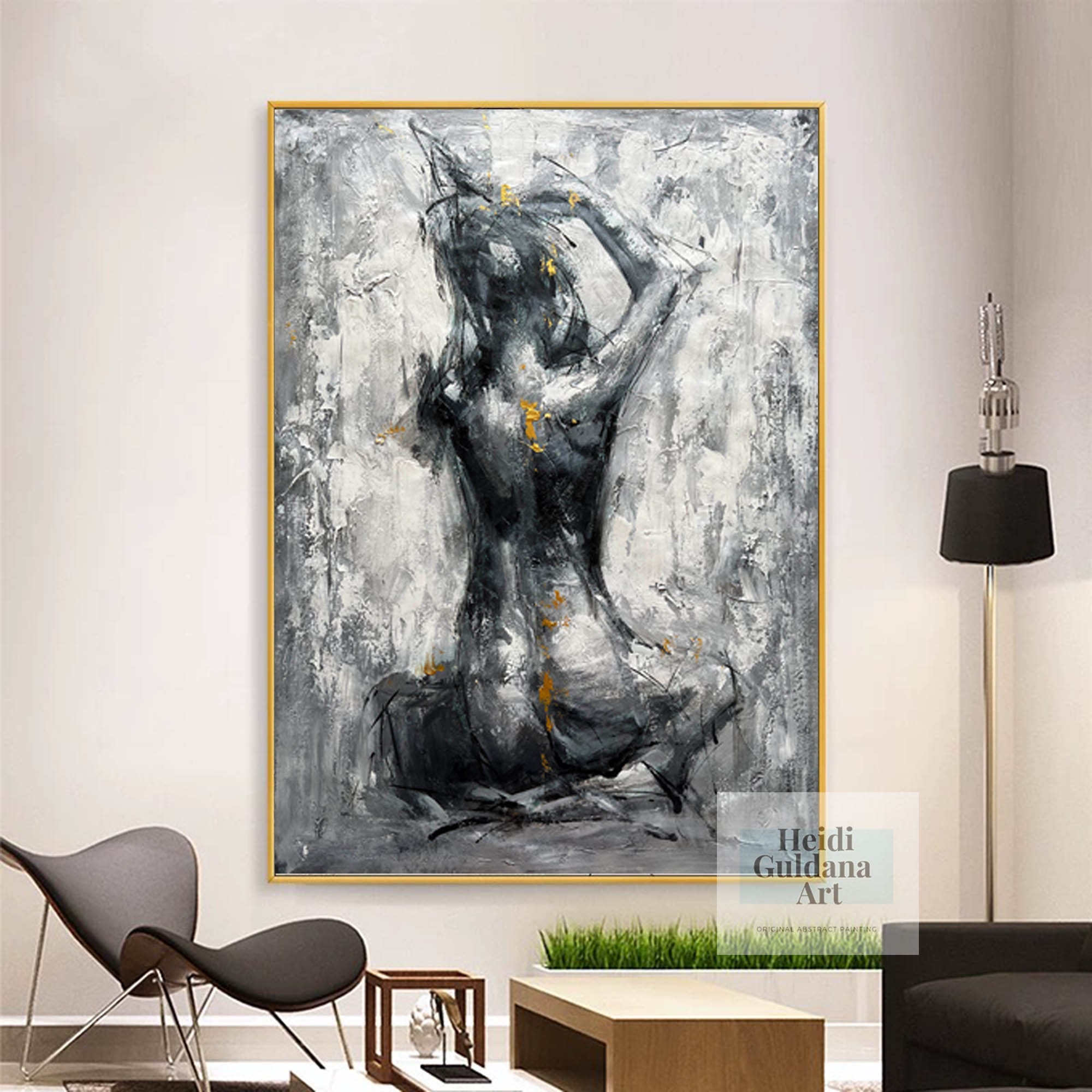 Yihui Arts Schwarz-weiß Leinwandbild – Handgemalt Mit Goldfolie & Schwebendem Rahmen