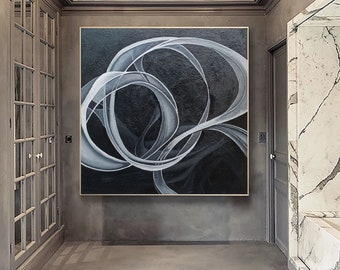 black painting canvas, large abstract painting original, abstract canvas art, oversized wall art, contemporary painting black and whiteH450