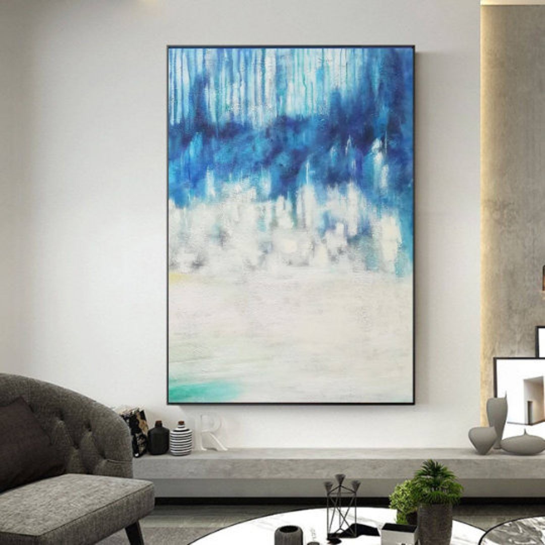 Blue and White Painting on Canvas Original Oil Art Abstract