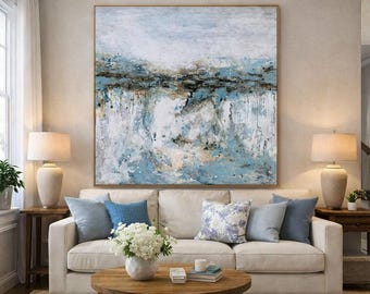 Quadro astratto blu, tela acrilica dalla ricca texture, arte murale astratta contemporanea con texture per soggiorno H721