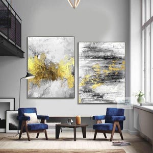 gold abstract wall art set of 2 gold painting on canvas gold black abstract art gold leaf abstract painting original canvas wall art H818