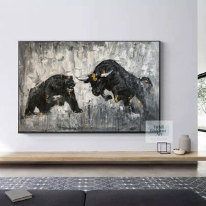 Large Bull Painting Abstract Bull vs Bear Paintings On Canvas Bull Abtract Oil Painting Bear Wall Art Black and White Bull Painting H669