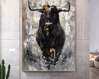 Gran lienzo original de toro, arte de pared, pintura abstracta de toro sobre lienzo, pintura moderna pintada a mano de buey para sala de estar, pintura decorativa de oficina