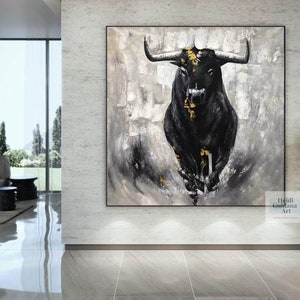 Black and White Bull Painting Large Abstract Bull Oil Painting Original Bull Wall Art Original OX Artwork Textured Bull Paintig H688
