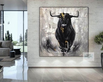 Pintura de toro en blanco y negro Pintura al óleo de toro abstracto grande Arte de pared de toro original Obra de arte original de OX Pintura de toro texturizada H688