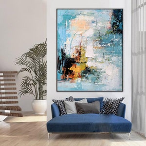 large abstract painting on canvas, modern abstract wall art, original abstract oil painting, abstract canvas art,blue textured painting H581