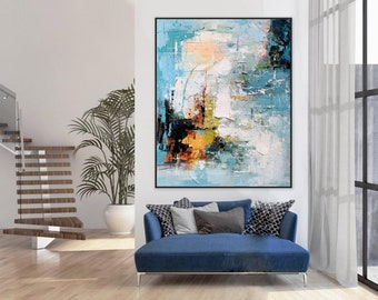 large abstract painting on canvas, modern abstract wall art, original abstract oil painting, abstract canvas art,blue textured painting H581