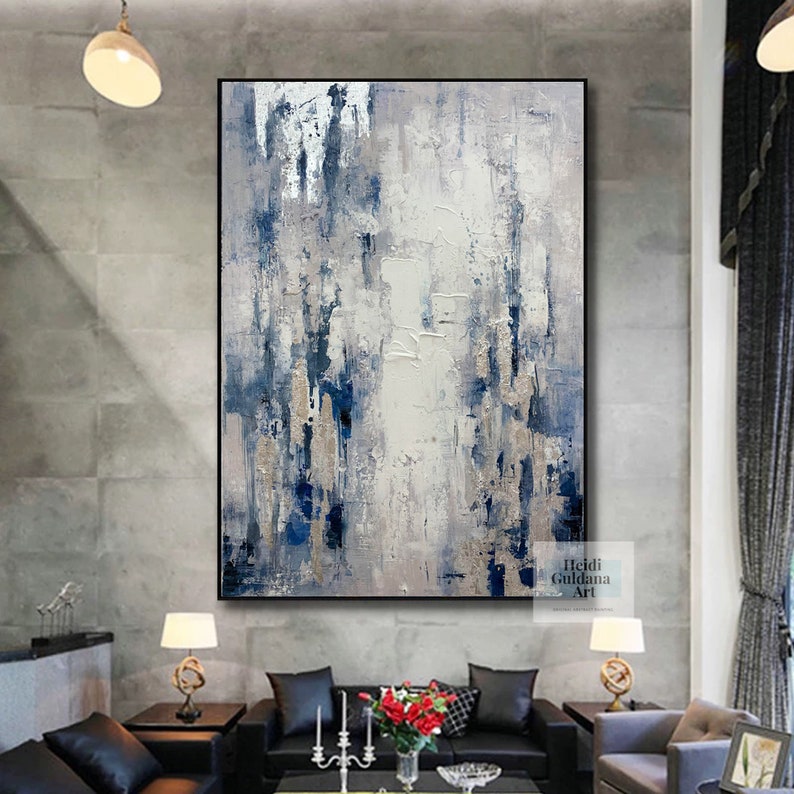 silver painting on canvas, original wall art, blue painting, modern abstract canvas art, rich textured art, contemporary painting H734 image 5