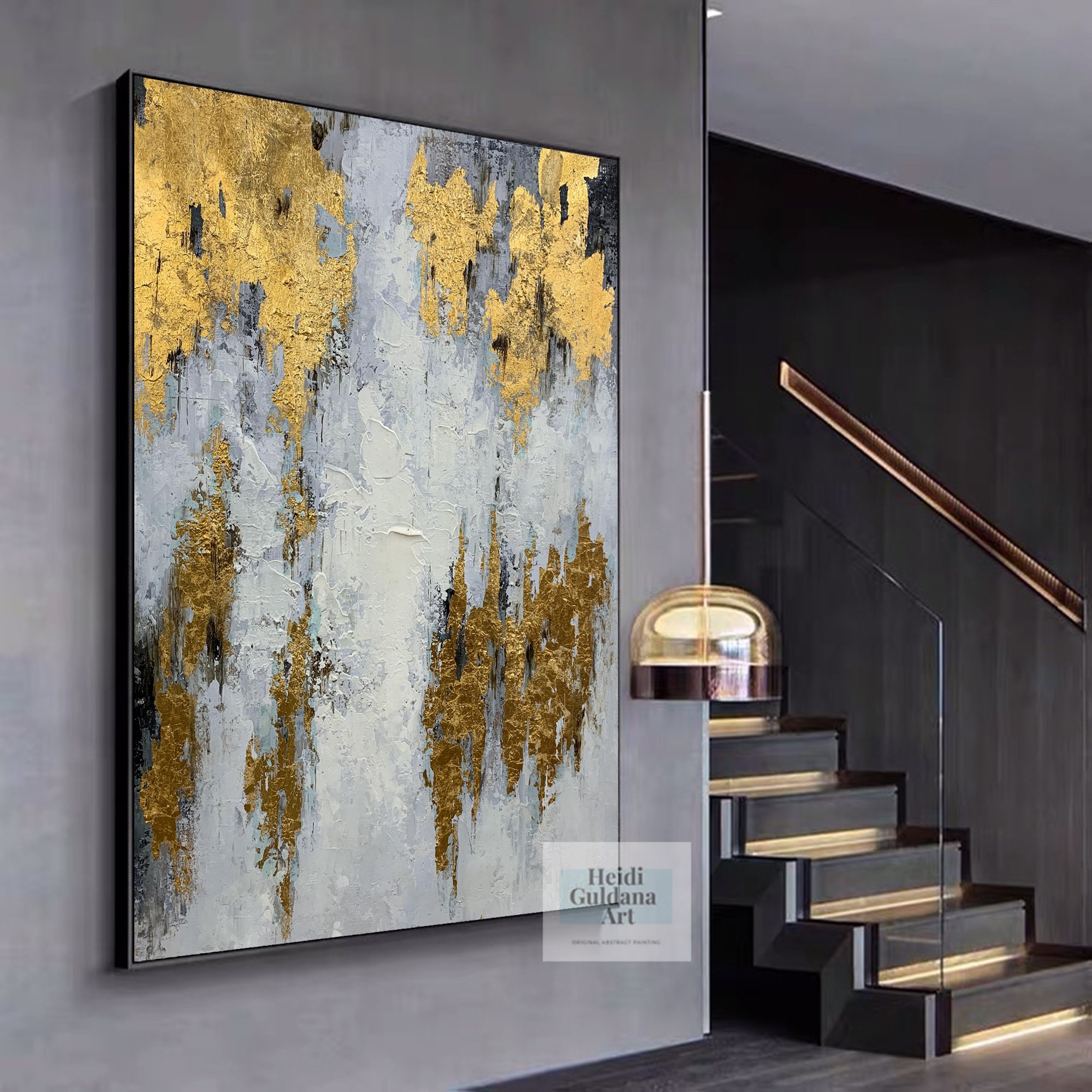 オリジナルの油絵抽象画、キャンバスに描かれた金彩画、大きな抽象画壁