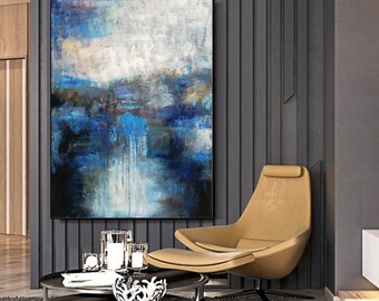 青い抽象画オリジナル大、現代抽象画、特大壁アートキャンバス、抽象