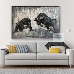 Original Abstract Bull vs Bear Painting – Textured Canvas with Gold Accents – Handmade Wall Art H669