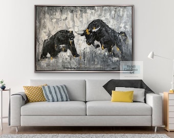 Original Abstract Bull vs Bear Painting – Textured Canvas with Gold Accents – Handmade Wall Art H669