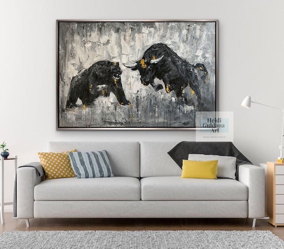 Original Abstract Bull vs Bear Painting – Textured Canvas with Gold Accents – Handmade Wall Art H669