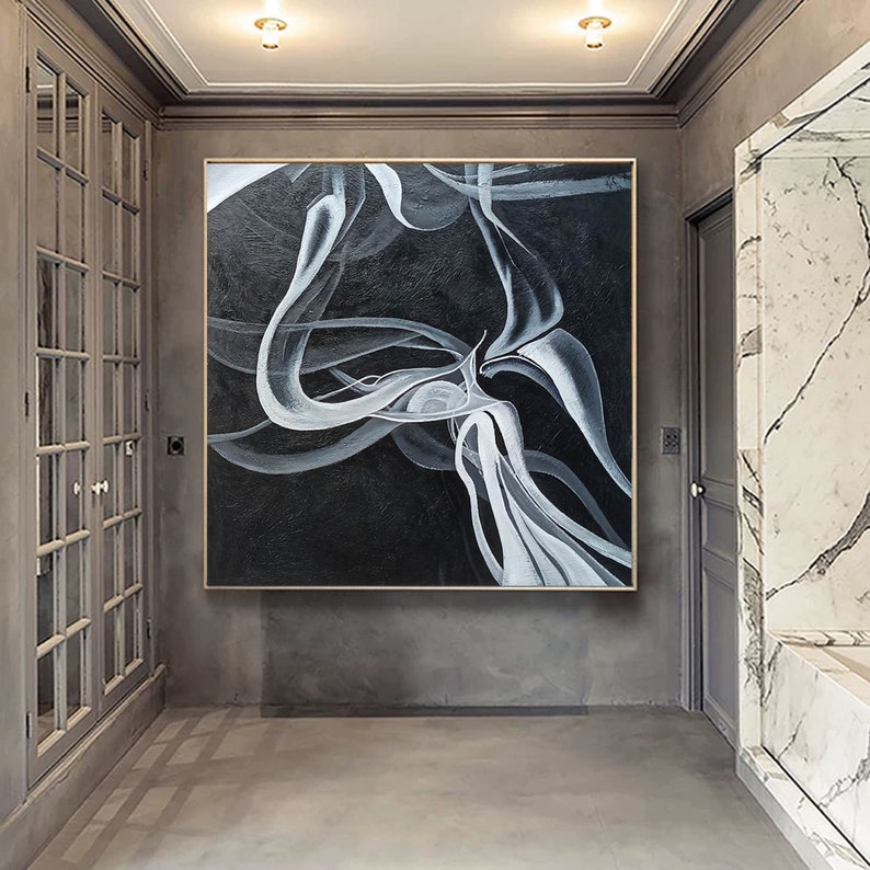 Large Abstract Wall Art Black Painting on Canvas Modern Etsy