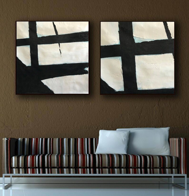 original abstract painting, set of 2 large abstract painting,black and white paintings on canvas ,modern abstract art, handmade painting H81 image 2