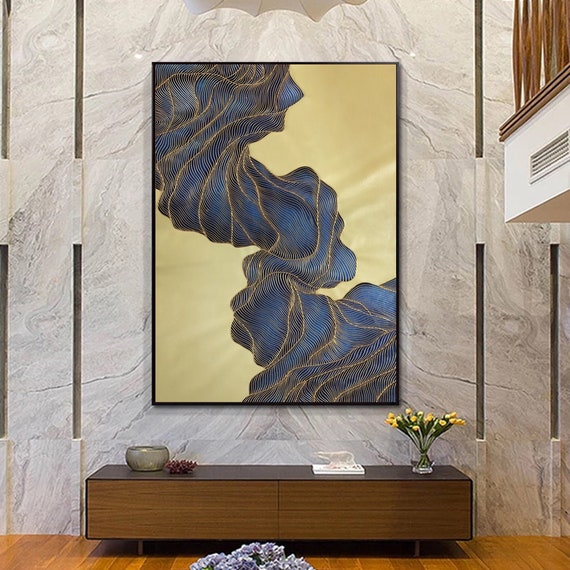 Arte de pared de lienzo grande, arte de pared abstracto moderno, pintura de  lienzo de oro, pintura abstracta azul marino original, arte de pared grande  de gran tamaño A20 -  México