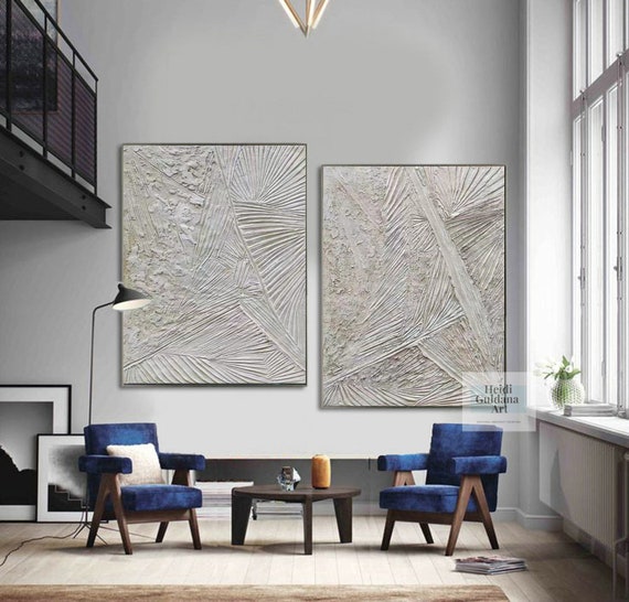 Creamy White Minimalist Painting 3D Thick Texture Painting Set Of 2 Beige Wall Art Beige Abstract Painting Large 3D Plaster Painting H703
