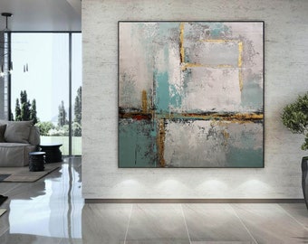 Large Abstract Green and Gold Painting Modern Abstract Art Gray Green Textured Painting Green Beige Abstract Art Living Room Wall Decor H314